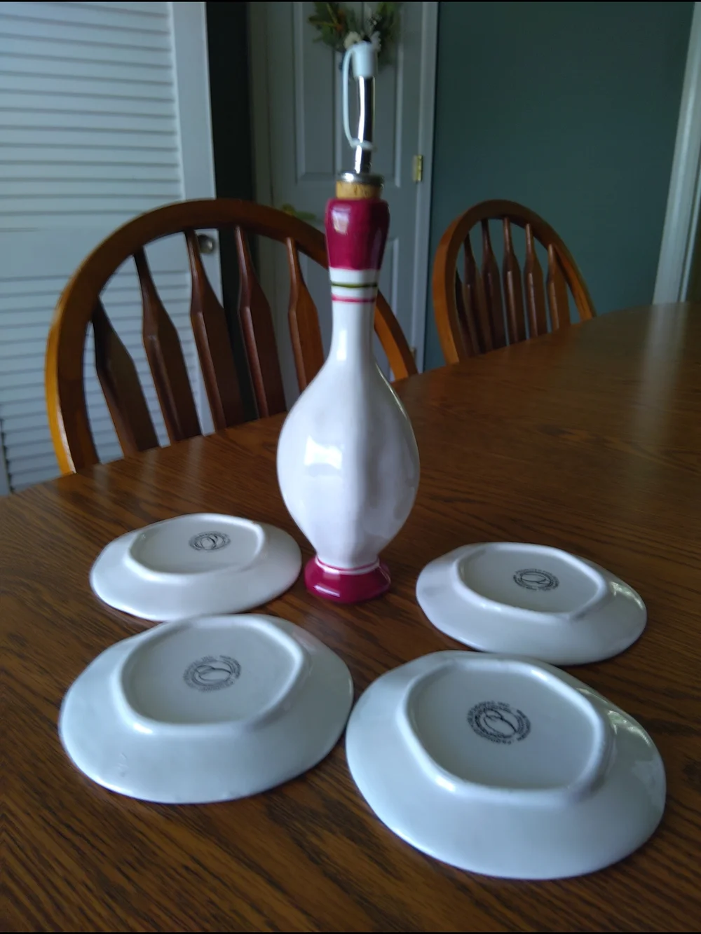 Vintage Hand-Painted Pink Grape Ceramic Oil Cruet with Matching Coasters